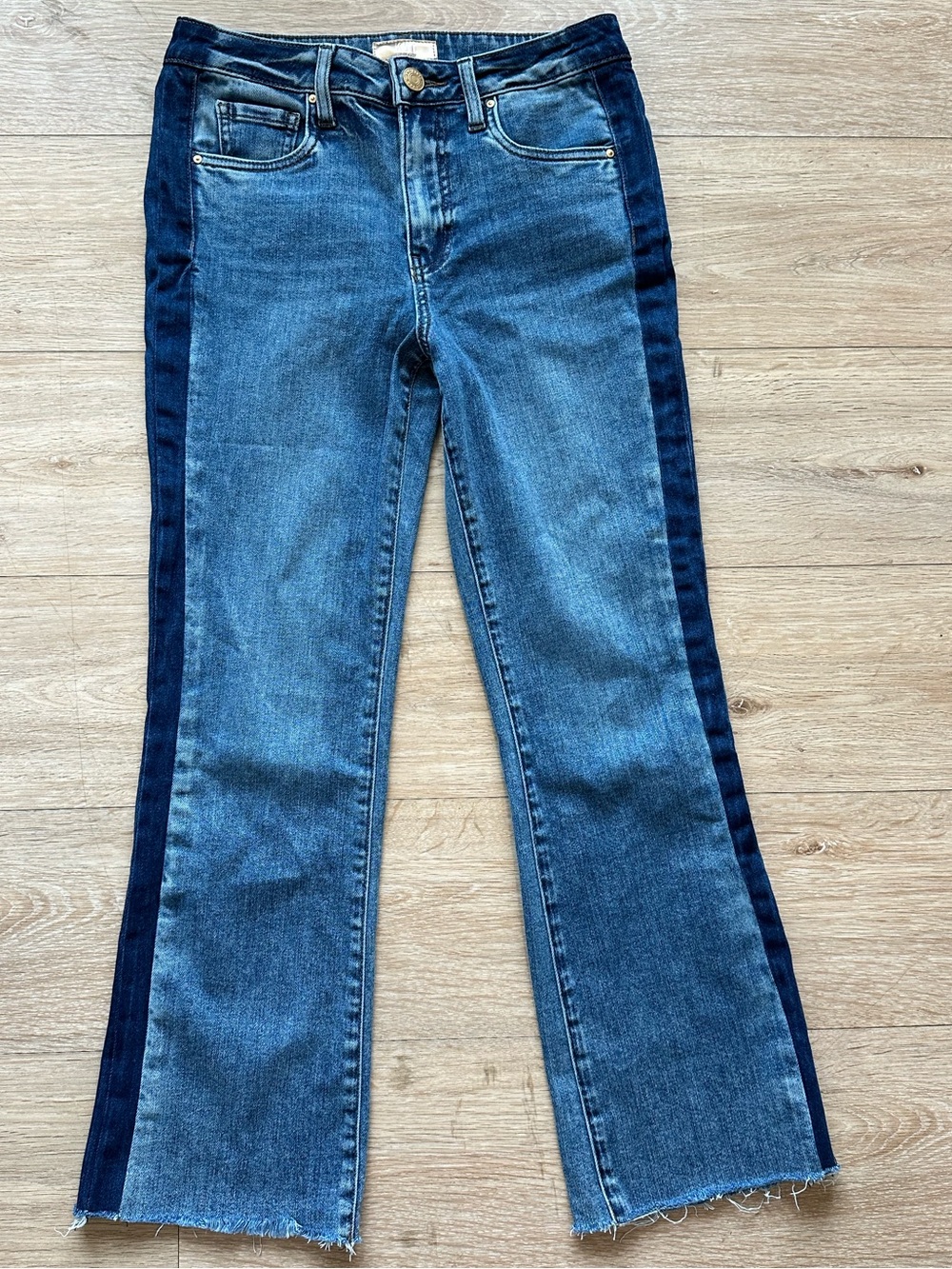 Kut Kelsey High Rise Ankle Flare Two-Tone Blue Side-Stripe Medium Wash Jeans